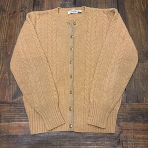 Aston Womens Camel Tan 100% Wool Cable Knit Cardigan Gold Crest Buttons Size M